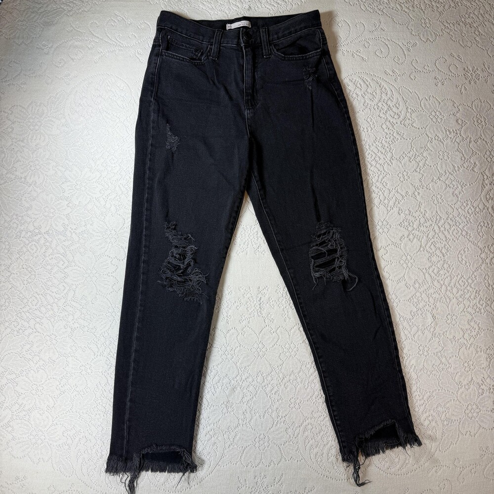 SO Jeans Juniors 5 Black Charcoal High Rise Mom Distressed Raw Frayed Hem Denim